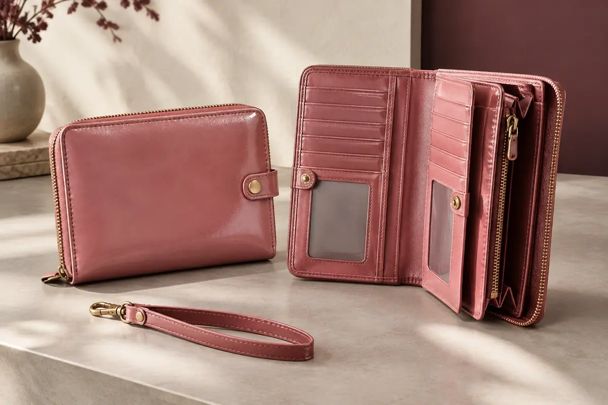 Portefeuille compagnon rose en cuir ciré avec dragonne amovible, compartiments pour cartes et poche zippée.