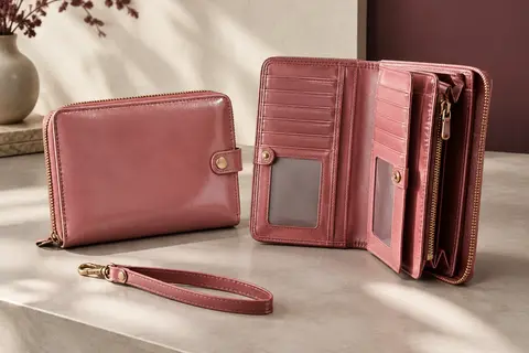 Portefeuille compagnon rose en cuir ciré avec dragonne amovible, compartiments pour cartes et poche zippée.