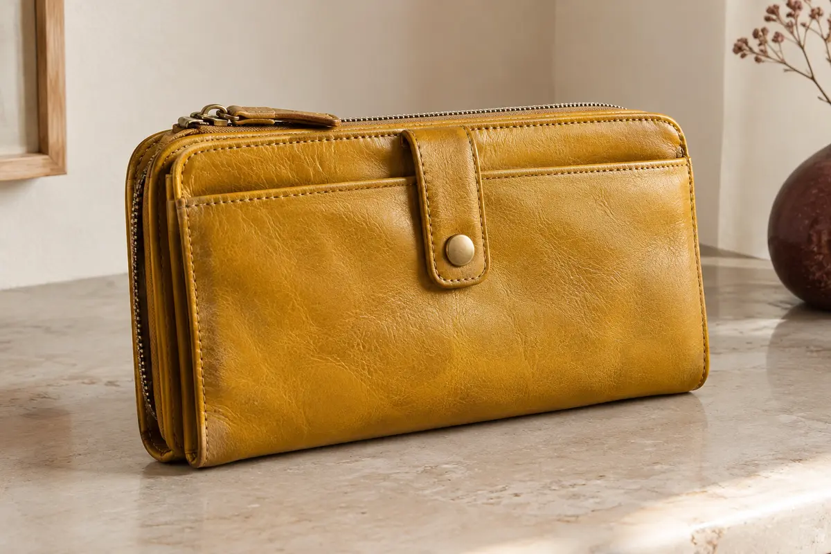 Portefeuille compagnon en cuir jaune ancien, avec fermeture zippée, boutons et coutures détaillées