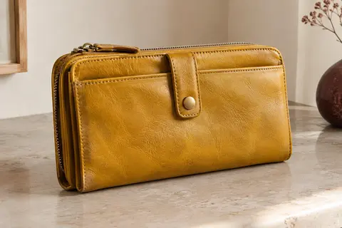 Portefeuille compagnon en cuir jaune ancien, avec fermeture zippée, boutons et coutures détaillées