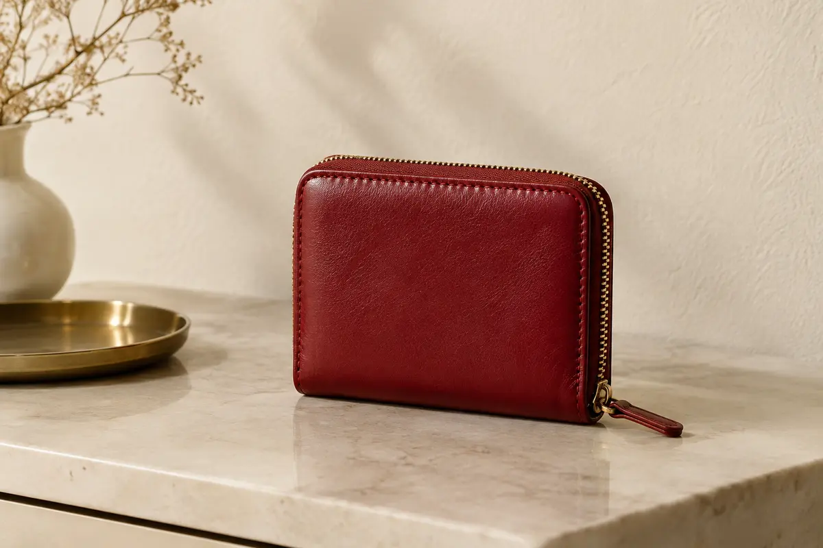 Portefeuille compact en cuir rouge profond posé seul sur une console dans un intérieur crème.