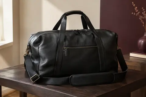 Sac de voyage noir en simili cuir avec poche zippée et bandoulière rembourrée, posé dans un intérieur crème.