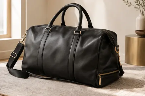 Sac de voyage noir en similicuir avec bandoulière et compartiment zippé pour chaussures