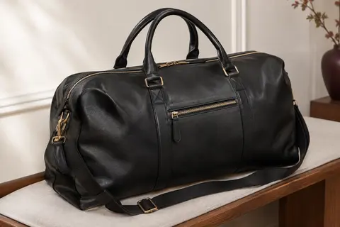 Sac de week-end noir en simili cuir avec poignées, bandoulière réglable et fermeture éclair en métal