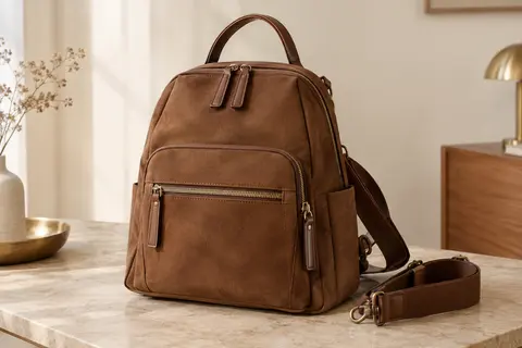 Sac à dos convertible Shrrie en simili cuir brun, avec poches zippées, poignée supérieure et bandoulière amovible.