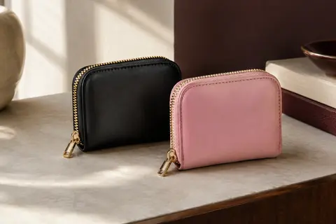 Deux mini porte-monnaie zippés en polyuréthane noir et rose posés sur une surface crème