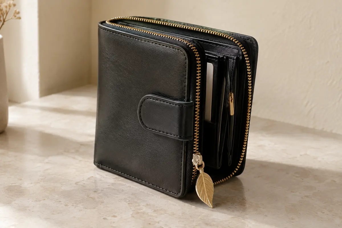 Portefeuille noir pliable à motif feuille, avec fermeture zippée et pendentif décoratif.