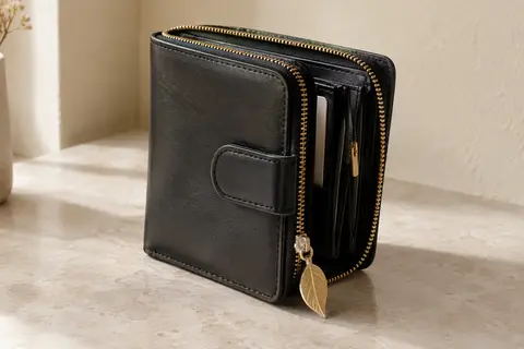 Portefeuille noir pliable à motif feuille, avec fermeture zippée et pendentif décoratif.