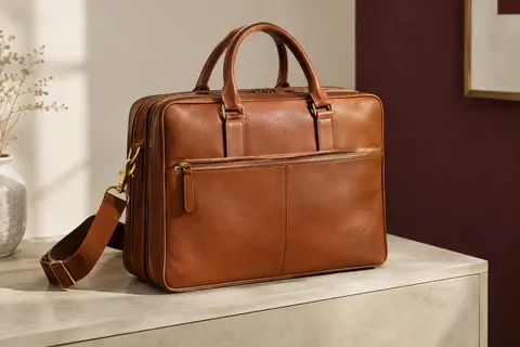 Sac business Stilord Claire en cuir cognac, avec compartiments et bandoulière amovible dans un décor crème