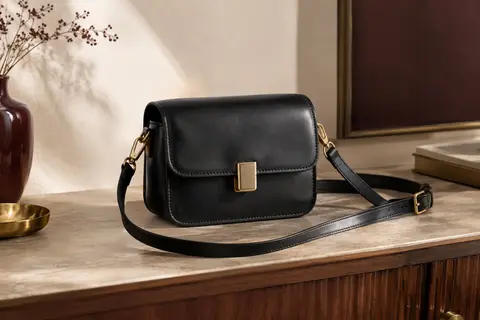 Petit sac bandoulière noir en cuir PU posé dans un intérieur crème à la lumière naturelle.