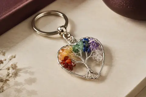 Porte-clés arbre de vie en forme de cœur, orné de pierres colorées et de fil de cuivre argenté