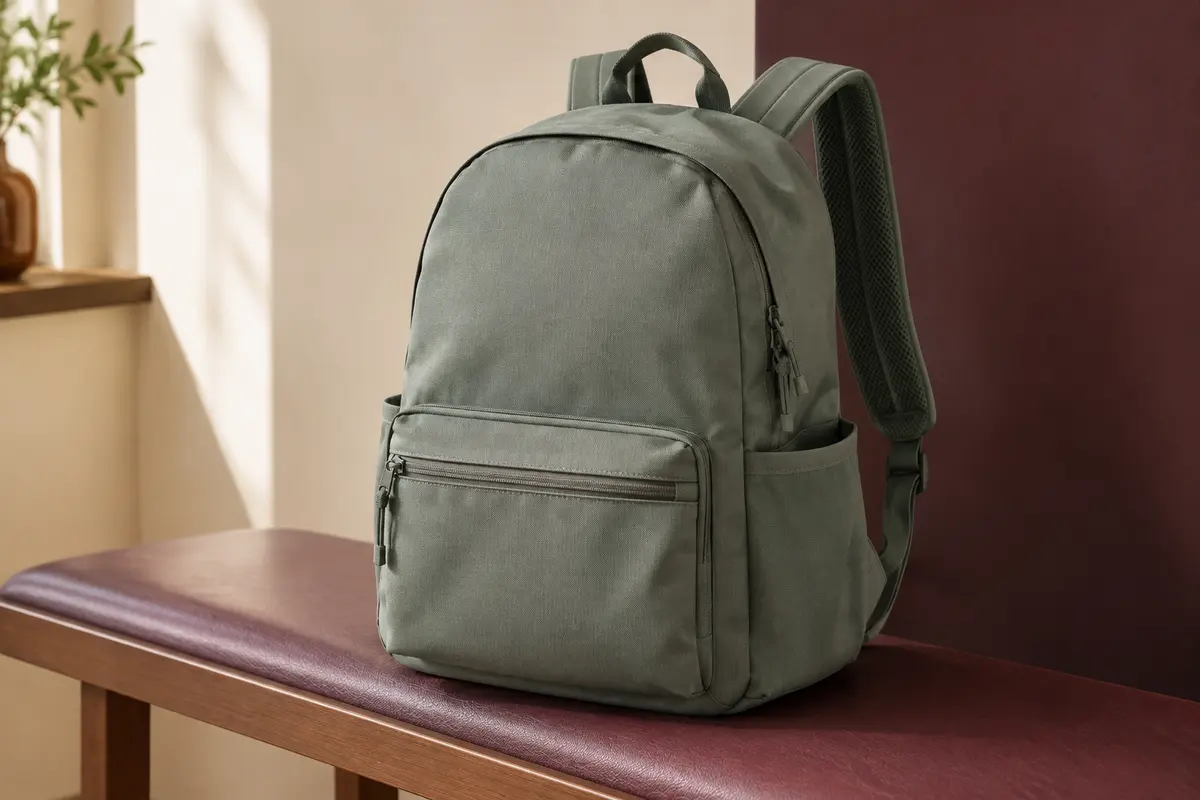 Sac à dos gris vert en polyester avec poches zippées, bretelles rembourrées et compartiment principal