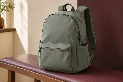 Sac à dos gris vert en polyester avec poches zippées, bretelles rembourrées et compartiment principal