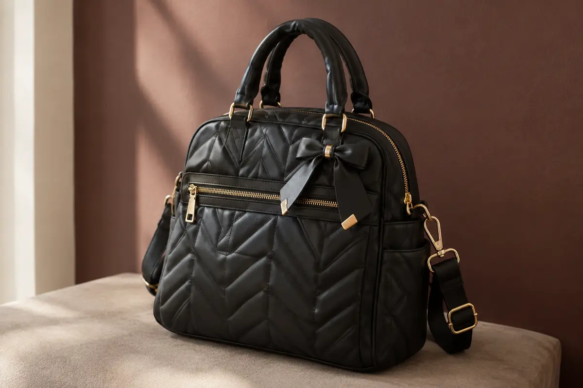 Sac à dos ordinateur noir matelassé posé dans un intérieur sobre, avec poignée et détails dorés