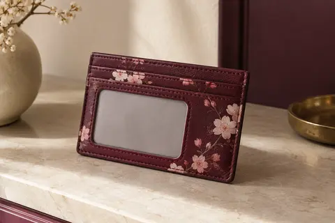 Porte-cartes compact en simili cuir à motif de fleurs de cerisier, avec fenêtre d’identification visible