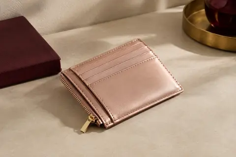 Porte-cartes Teskyer en simili cuir or rose, posé seul sur une surface crème