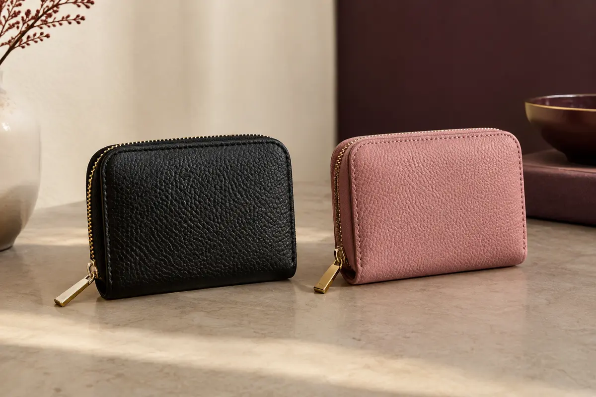 Deux porte-monnaie compacts en PU texturé, l’un noir et l’autre rose, posés côte à côte.