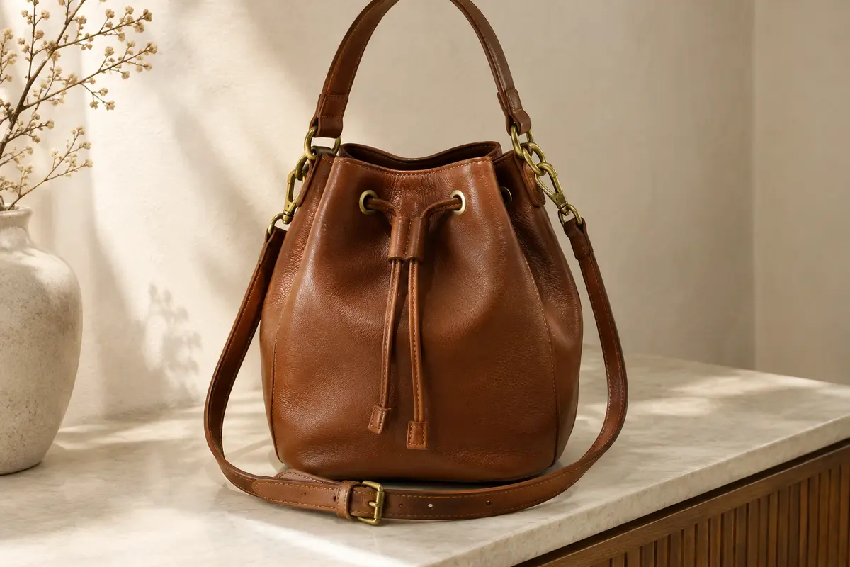 Sac seau en cuir brun cognac avec poignées, bandoulière réglable et détails en laiton sur une console.