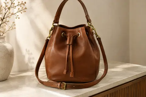 Sac seau en cuir brun cognac avec poignées, bandoulière réglable et détails en laiton sur une console.