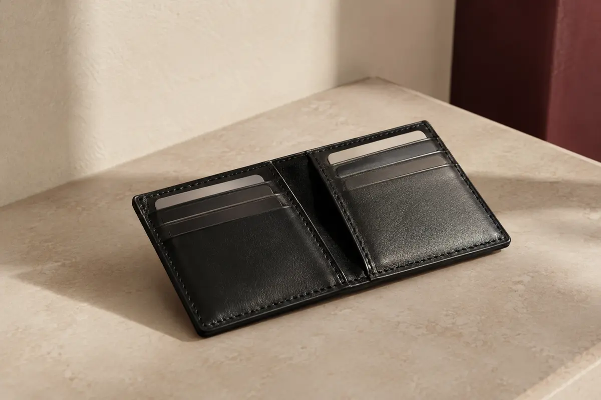 Porte-cartes noir en cuir posé sur une surface crème, avec ses emplacements et sa poche centrale visibles.