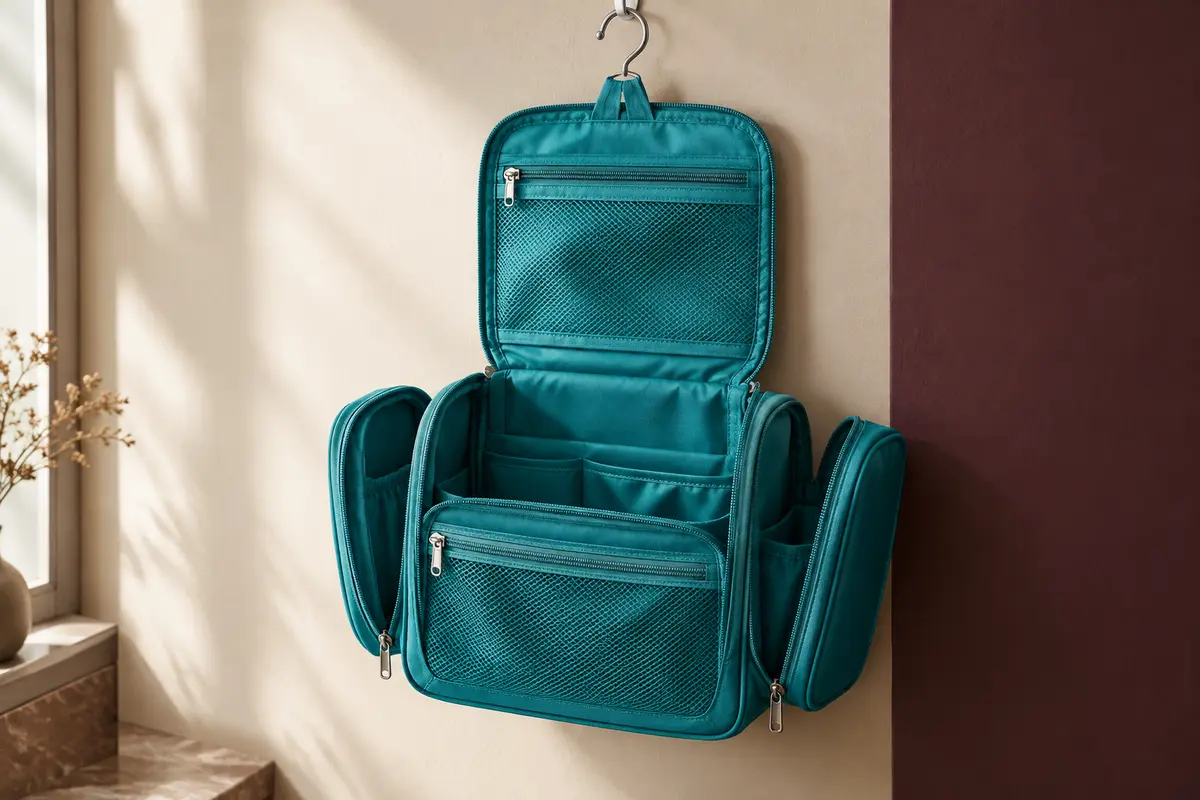 Trousse de toilette turquoise ouverte et suspendue, avec ses compartiments et son crochet métallique