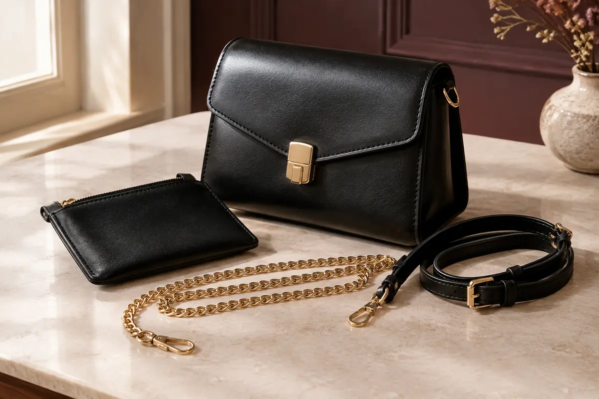 Sac bandoulière noir en cuir synthétique avec chaîne amovible, sangle courte et pochette incluse