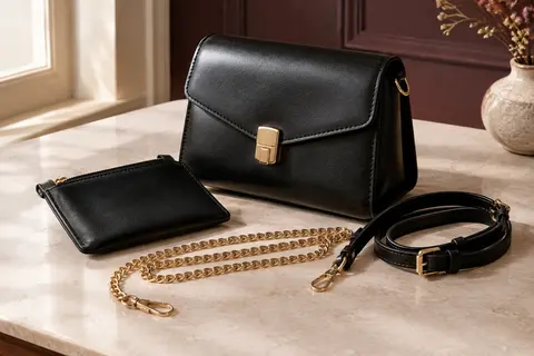 Sac bandoulière noir en cuir synthétique avec chaîne amovible, sangle courte et pochette incluse