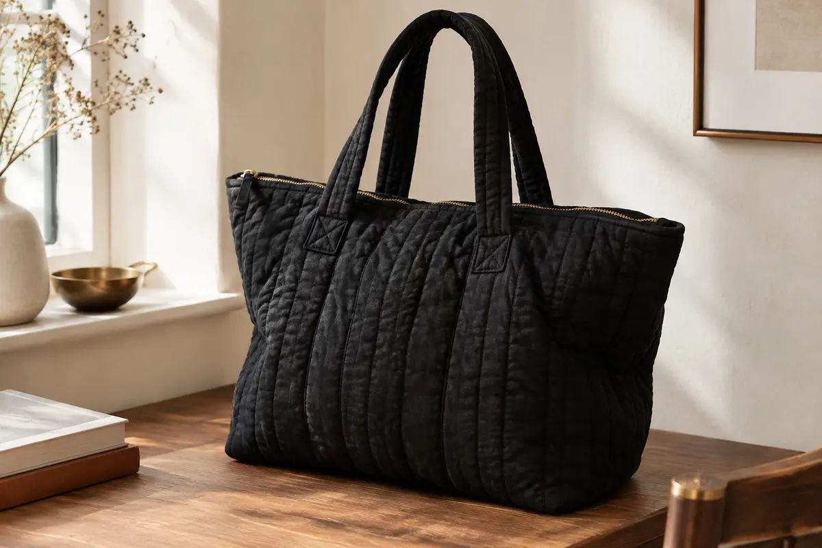 Cabas matelassé en coton noir avec fermeture zippée, posé dans un intérieur aux tons crème.