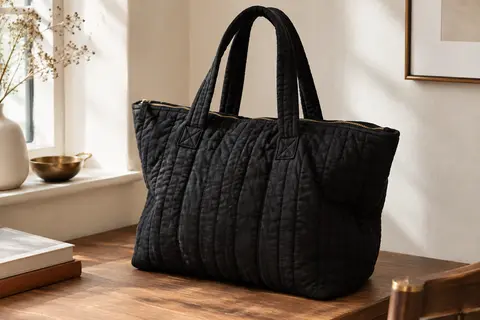 Cabas matelassé en coton noir avec fermeture zippée, posé dans un intérieur aux tons crème.