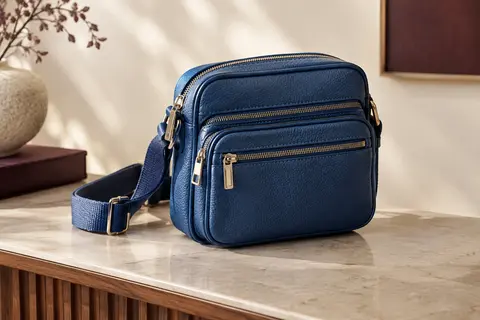 Sac bandoulière en cuir grainé bleu saphir posé dans un intérieur crème, avec ses poches zippées visibles.