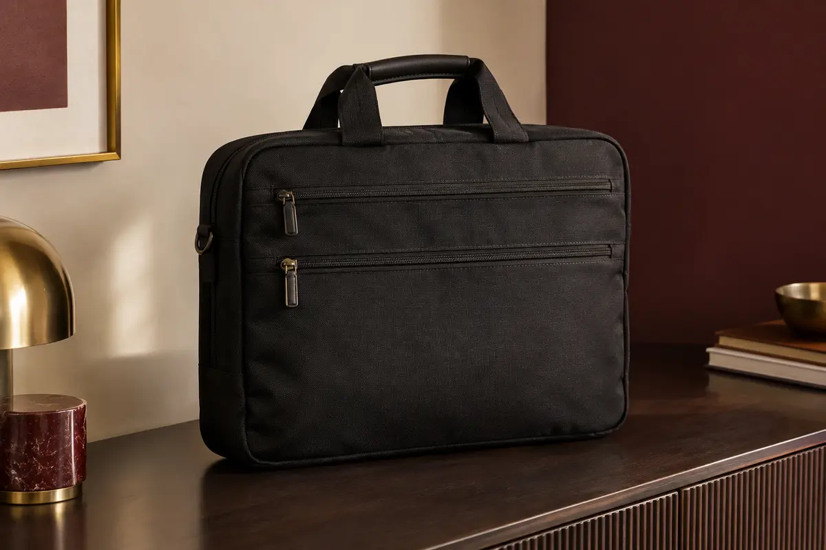 Sacoche porte-documents noire en tissu Oxford à deux poches zippées, posée dans un intérieur crème.
