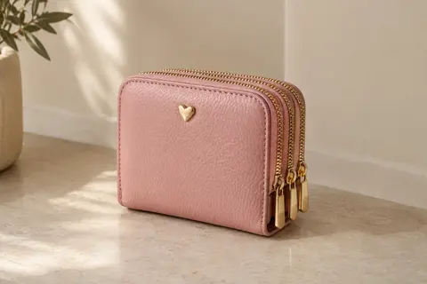 Porte-monnaie compact en cuir rose avec trois fermetures dorées et anneau porte-clés intégré.