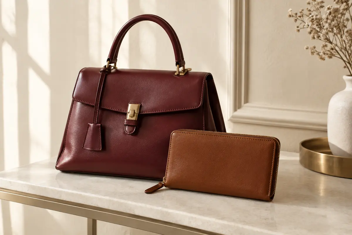 Sac bordeaux et portefeuille en cuir noisette présentés sur une console sobre, dans une lumière naturelle.